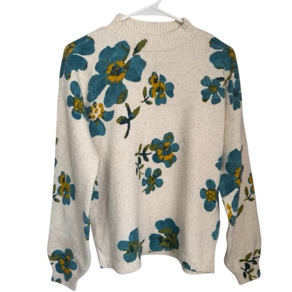 LOFT Sweaters - LOFT floral ivory teal cotton blend mock neck pullover sweater women's small